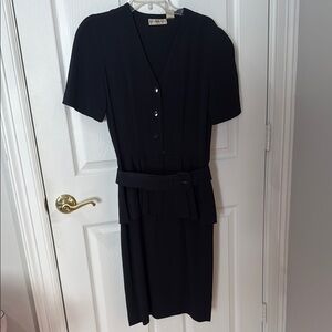 VINTAGE belted Liz Claiborne Black Sheath Midi Dress V-Neck size 8
